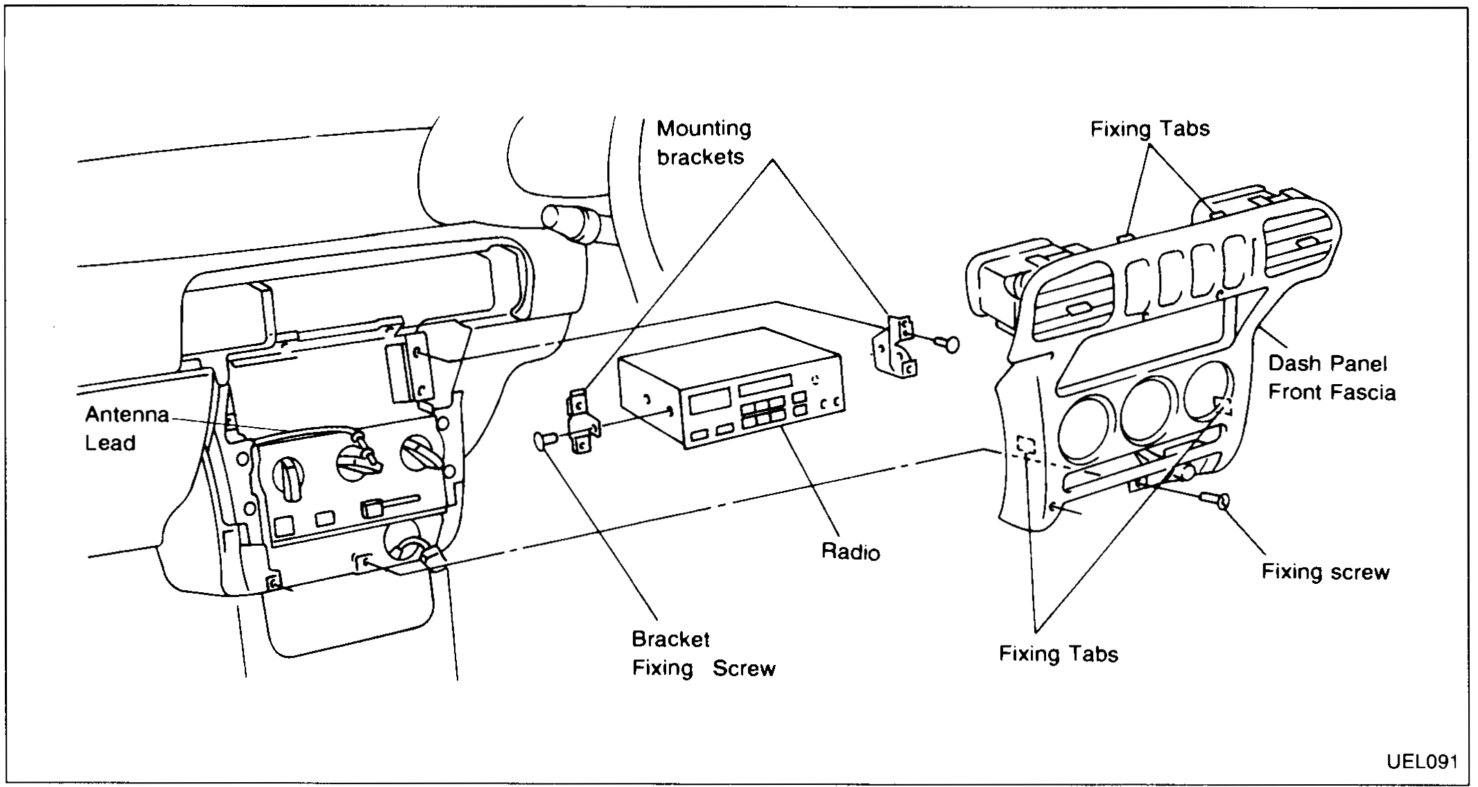 Radio + Dash Panel Front Fascia exploded — Antenna Lead, Mounting brackets, Bracket Fixing Screw, Radio, Fixing Tabs (×2), Fixing screw on fascia.