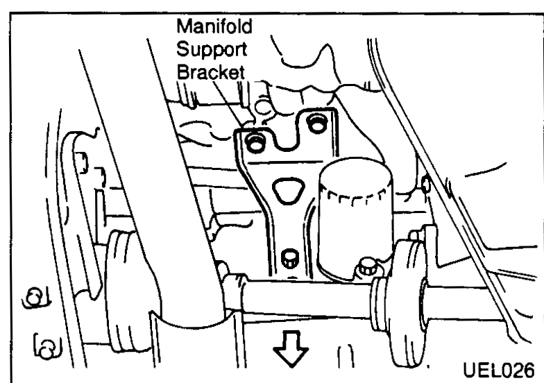 Manifold support bracket location — viewed from underneath car, arrow indicates removal direction.