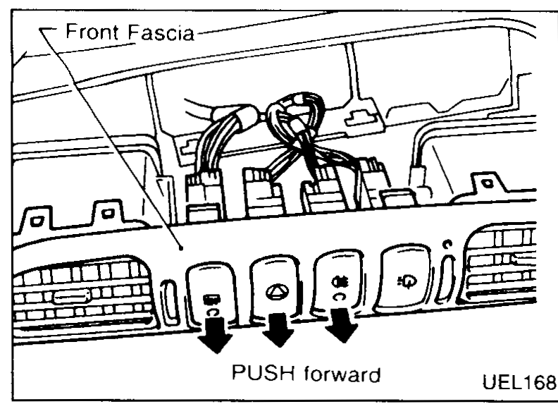 View of the front fascia / centre console showing three switches with downward arrows and a 'PUSH forward' instruction indicating the fascia is displaced forward to access the switch bodies.