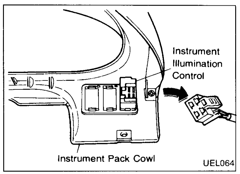 Detail view of the instrument pack cowl with an arrow indicating removal of the instrument illumination rheostat connector from the back of the pack.