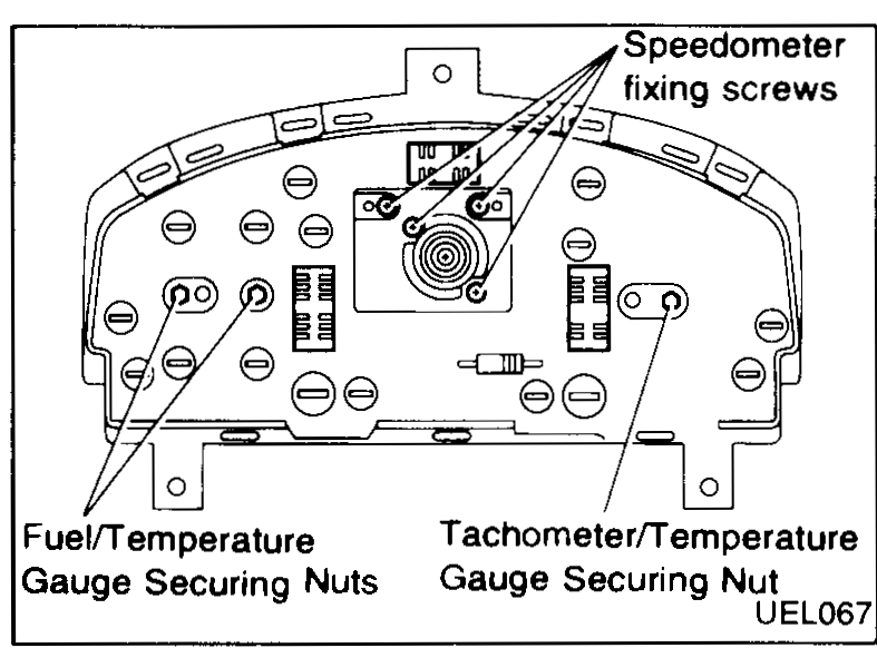 Rear view of the instrument pack showing the Speedometer fixing screws, Fuel/Temperature Gauge Securing Nuts and Tachometer/Temperature Gauge Securing Nut locations.