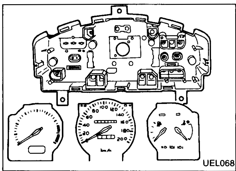 Front view of the disassembled gauge faces (speedometer, tachometer, fuel and temperature gauges) with warning symbol lenses.