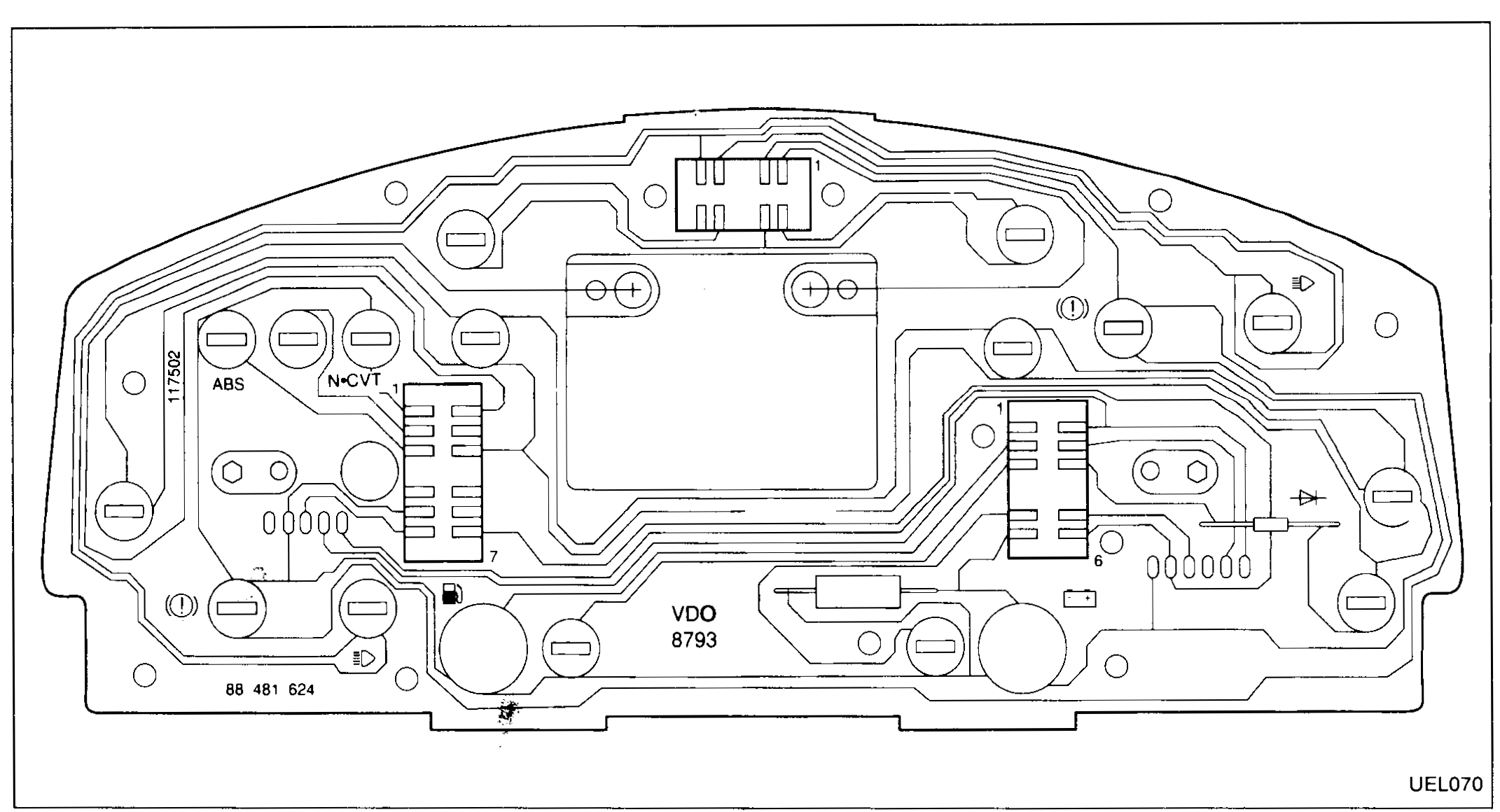 Rear view of the instrument pack flexible printed circuit board (f.p.c.b.) showing bulb holder apertures, two connectors, and printed markings including '117502', 'ABS', 'N-CVT', 'VDO 8793', '88 481 624' and numbers 7 and 6 at the IC/connector locations.