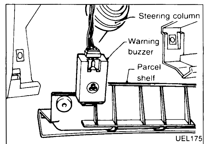 Component-location illustration showing the underside of the instrument console parcel shelf below the steering column. Callout lines point to the Steering column, Warning buzzer (the boxy component clipped to a bracket), and the Parcel shelf.