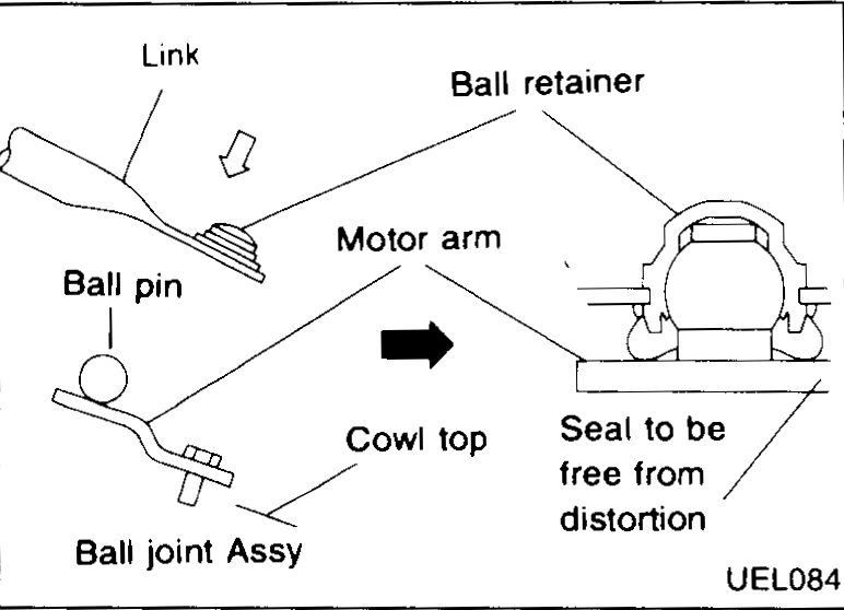 Detail of the ball-and-socket assembly: link, ball retainer, motor arm, ball pin, cowl top, ball joint assembly. Note that seal is to be free from distortion.