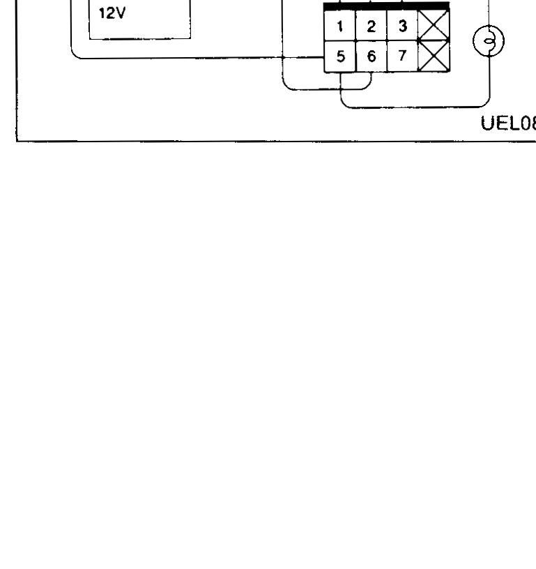 Wiper amplifier check test setup. Amplifier connector shown with a 7-6-5 / 3-2-1 pin layout and a 1-2-3 / 5-6-7 pin layout, connected to a 12V battery and a test lamp. Terminal 6 is the test point.
