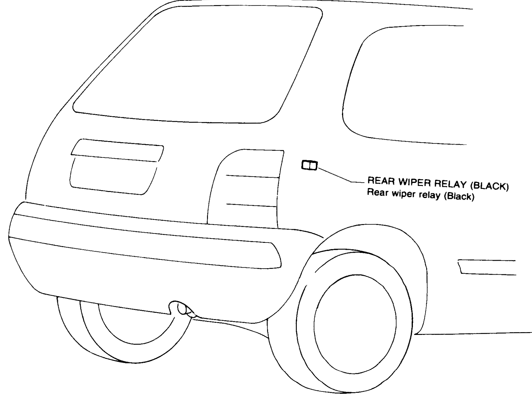 Rear three-quarter line drawing of the K11 hatchback body showing the luggage compartment area. A leader line points to the rear wiper relay (Black) mounted near the rear quarter / tailgate region.