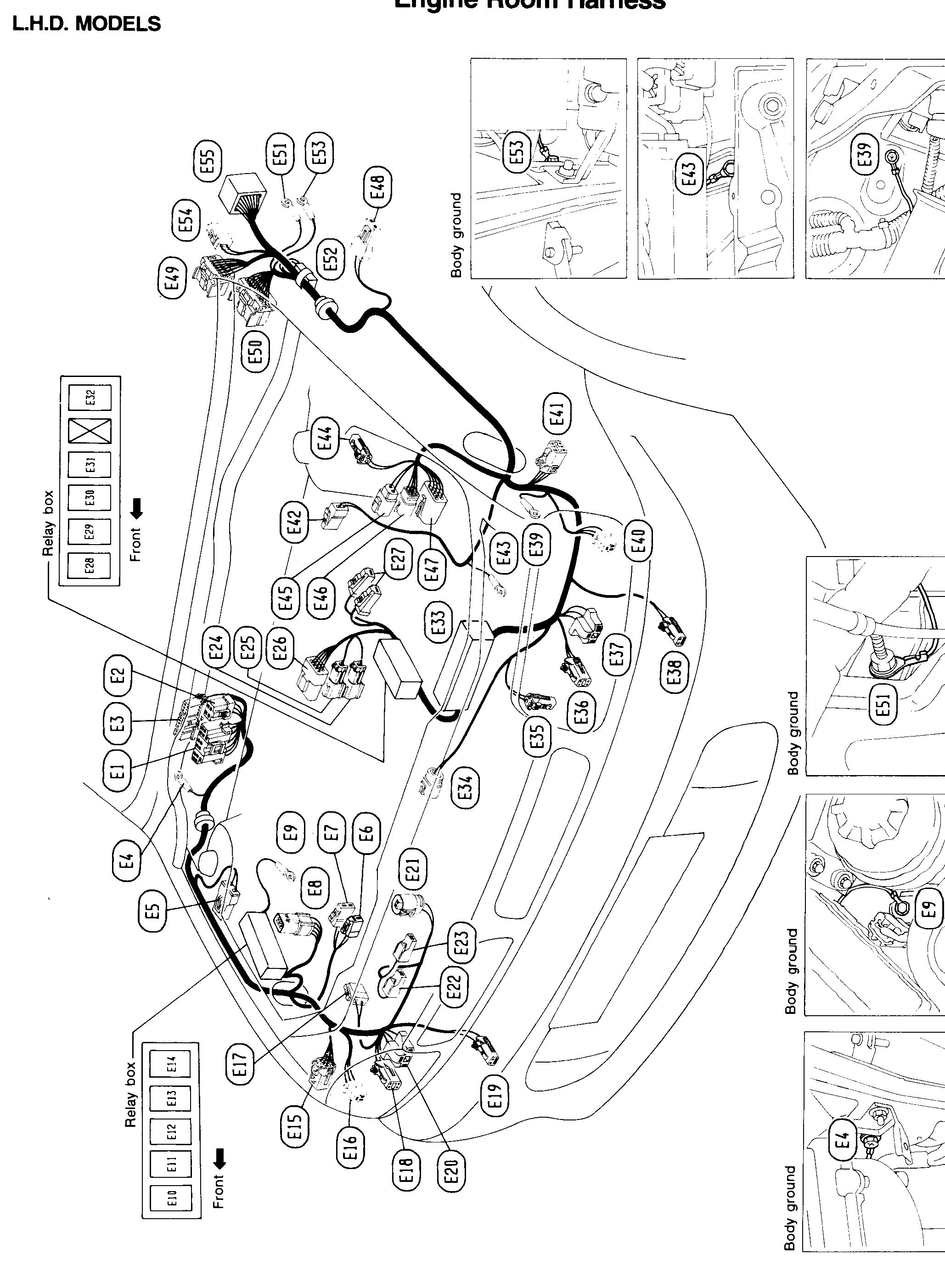 Engine room harness layout for L.H.D. models. Top-down/perspective view of the engine bay showing harness routing with numbered connector callouts E1 through E55 in oval bubbles. A relay box on the left (Front arrow) shows positions E10-E14 (lower stack) and E28-E32 (upper stack). Right margin has body-ground inset photos referencing connectors E53, E43, E39, E4 (Body ground locations).