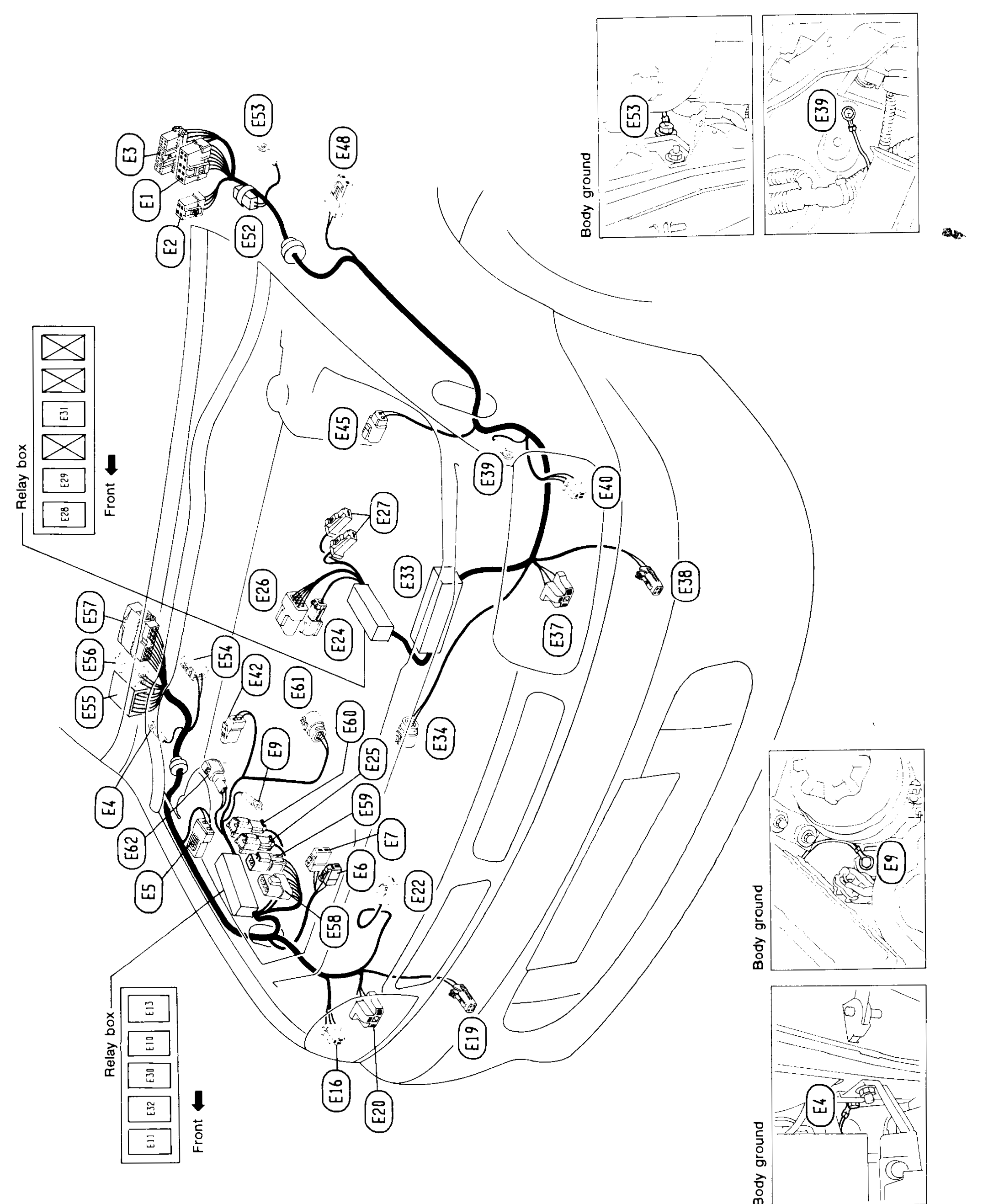 Engine room harness layout for R.H.D. models. Perspective view of the engine bay showing harness routing with numbered connector callouts in oval bubbles (E1 through E62 visible). Two relay boxes are shown at left (upper with positions E28-E31, lower with E10-E13). Right margin has body-ground inset photos referencing connectors E53, E39, E9, E4.