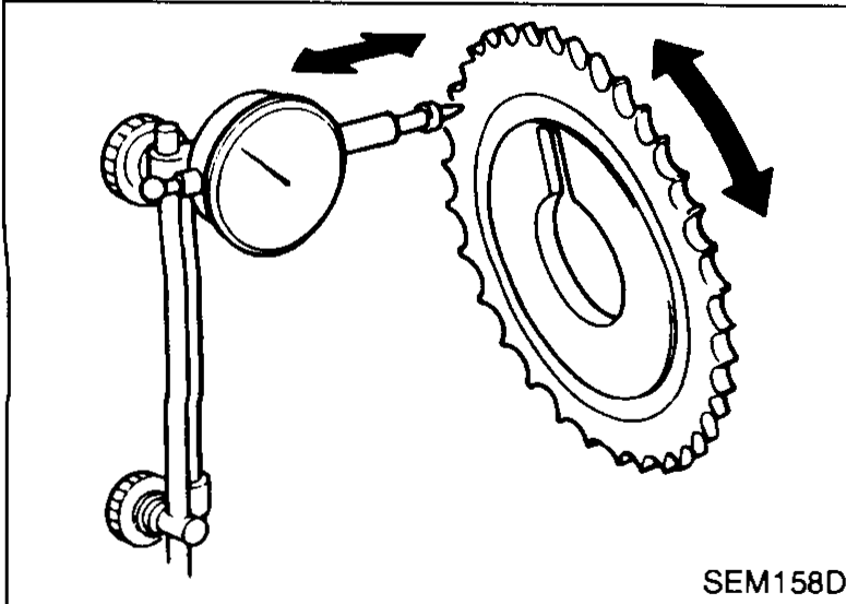 Camshaft installed in cylinder head with a dial-indicator gauge measuring axial end play.