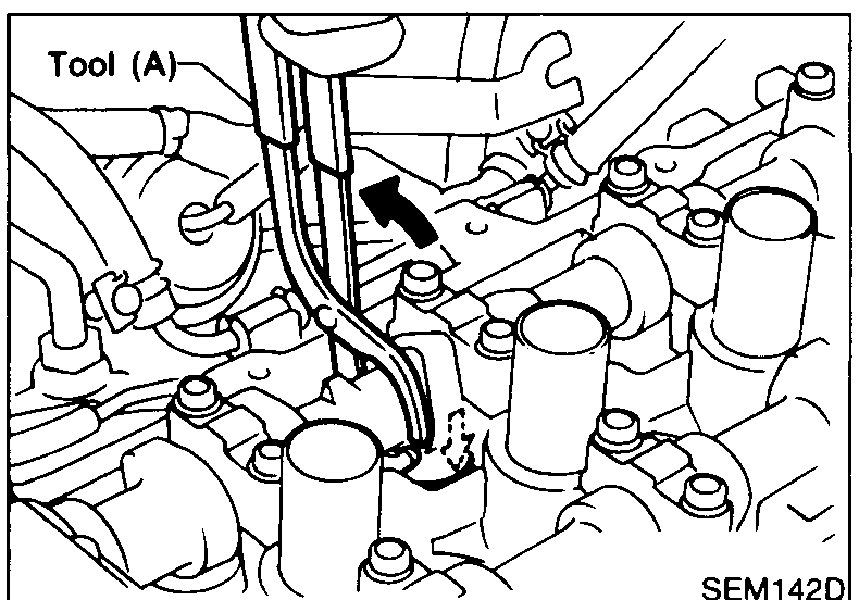 Cylinder head close-up with Tool (A) hooked over the camshaft and an arrow showing rotation direction; rotation pushes the valve lifter down.
