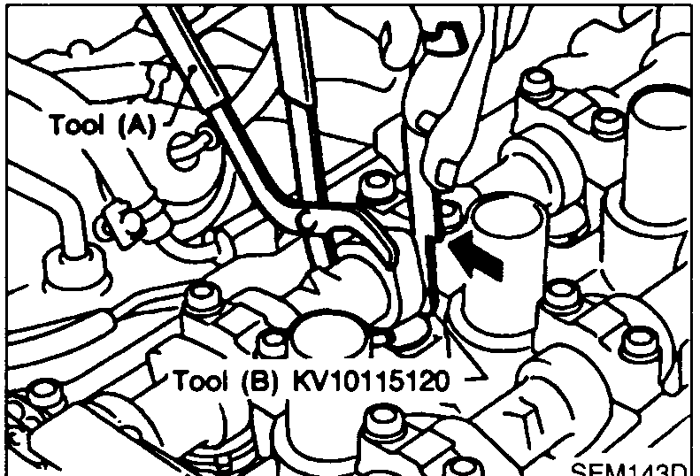 Tool (A) holds the lifter down while Tool (B) KV10115120 is being placed between the camshaft and the depressed valve lifter to retain it.