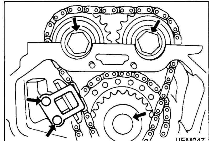 View of the timing chain area with both camshaft sprockets, chain tensioner, and idler sprocket visible. Arrows indicate the chain tensioner and idler sprocket bolt locations.