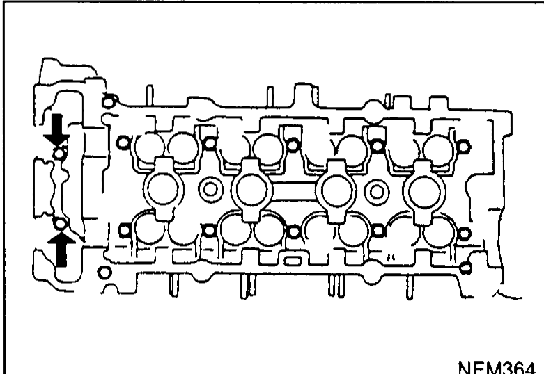 Top view of the cylinder head with camshafts and rocker cover removed, showing the cylinder head front bolts and idler sprocket bolt locations indicated by arrows.