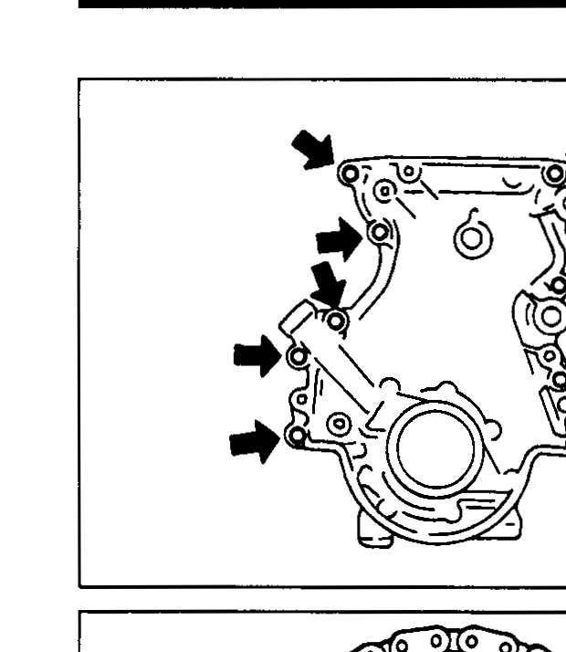 Front cover of the engine with multiple black arrows pointing inward to indicate the locations of the front cover bolts to be removed.