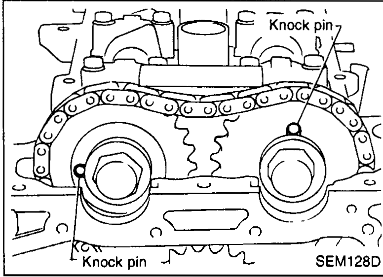 Camshaft sprocket / chain mating-mark detail. Triangular chain arrangement on both camshaft sprockets and idler sprocket with callouts: '5 links' across the top, 'Mating mark (silver)' on both camshaft sprockets, '7 links' on right span, '11 links' on left span, 'Mating mark (silver)' on left, and 'Mating mark (bronze)' at bottom of idler sprocket.