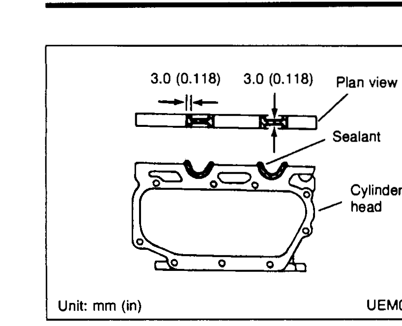 Plan view of the cylinder head showing the two sealant bead locations at the front and rear arches, each 3.0 mm (0.118 in) wide. Callouts: 'Plan view', 'Sealant', 'Cylinder head'. Unit: mm (in).