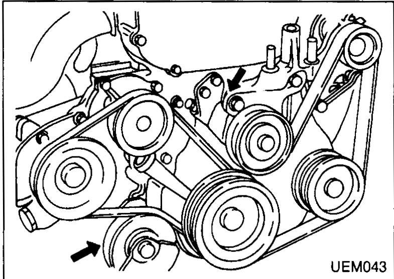 Engine front-accessory drive view showing the alternator, power steering pump, crankshaft pulley and the drive belts; arrow at the lower belt indicates the routing being removed.