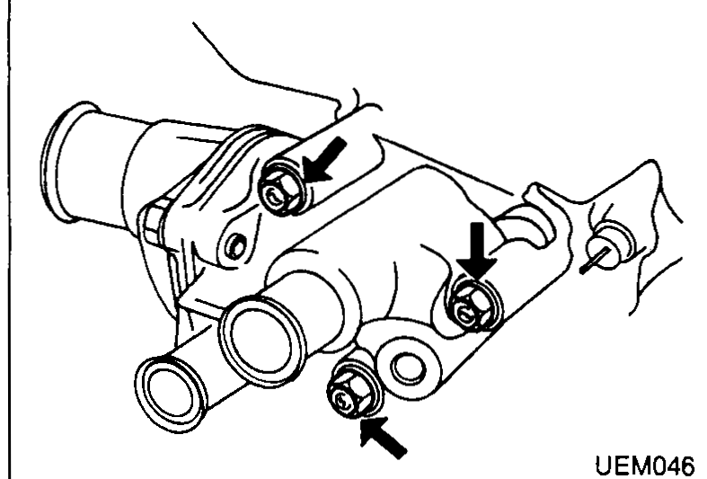 Thermostat housing on the engine with arrows pointing at the mounting bolts to be removed.