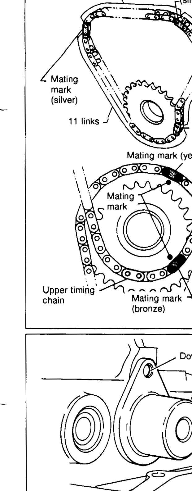 Two-part chain mating-mark diagram. Top: idler sprocket with chain showing 5-link, 7-link, and 11-link spans between mating marks (silver) and mating mark (bronze). Bottom: lower timing chain showing crankshaft sprocket with mating mark (yellow), upper timing chain section, and mating mark (bronze) on idler.