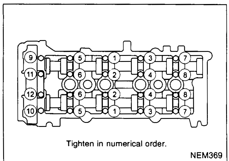 Top view of the cylinder head with camshaft brackets installed; bolts numbered 1 through 14 around the perimeter showing the tightening sequence. Caption: 'Tighten in numerical order.'