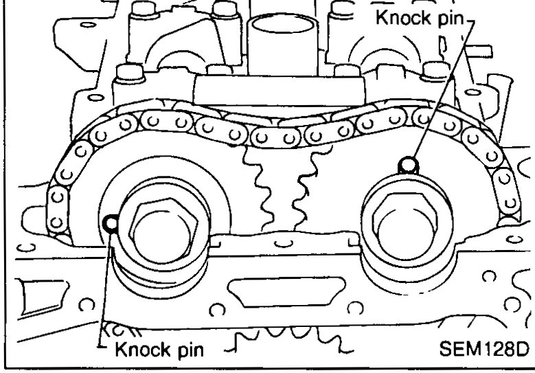 Camshaft sprocket / chain mating-mark detail. Triangular chain on both camshaft sprockets and idler sprocket. Callouts: '5 links' across the top, 'Mating mark (silver)' on both camshaft sprockets, '7 links' on right span, '11 links' on left span, 'Mating mark' (centre/bottom), and 'Mating mark (bronze)' at the idler sprocket bottom.