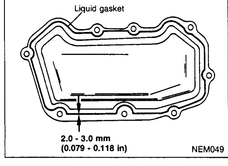 Thermostat housing shown with a liquid gasket bead applied around the perimeter of its mating surface. Callout: bead width 2.0 - 3.0 mm (0.079 - 0.118 in).