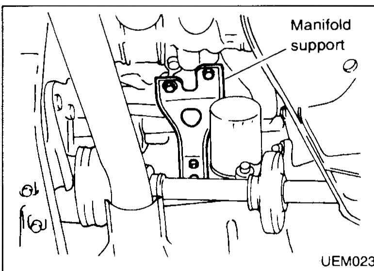 Manifold support bracket location photo: shows the manifold support arm bolted between the intake manifold and engine block.