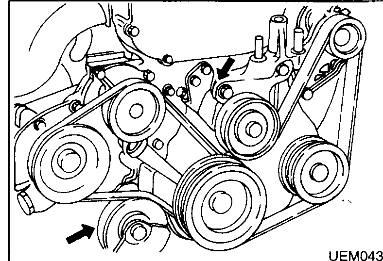 Front view of the engine accessory drive showing the alternator/power steering drive belt routing around the crankshaft pulley and idler/accessory pulleys. Two black arrows point to belt tensioner / belt removal points.
