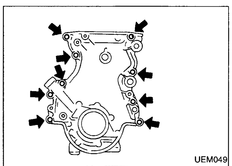 Front cover with arrows pointing to all the perimeter front-cover bolts to remove.