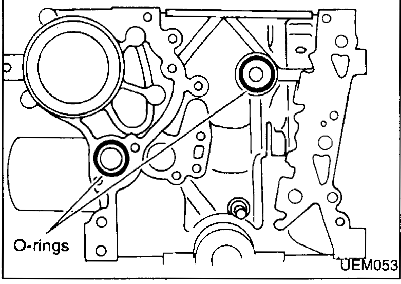 Front-cover rear view showing the two oil-system O-rings (labelled 'O-rings') sitting in the cylinder block bores that the cover seals against during installation.