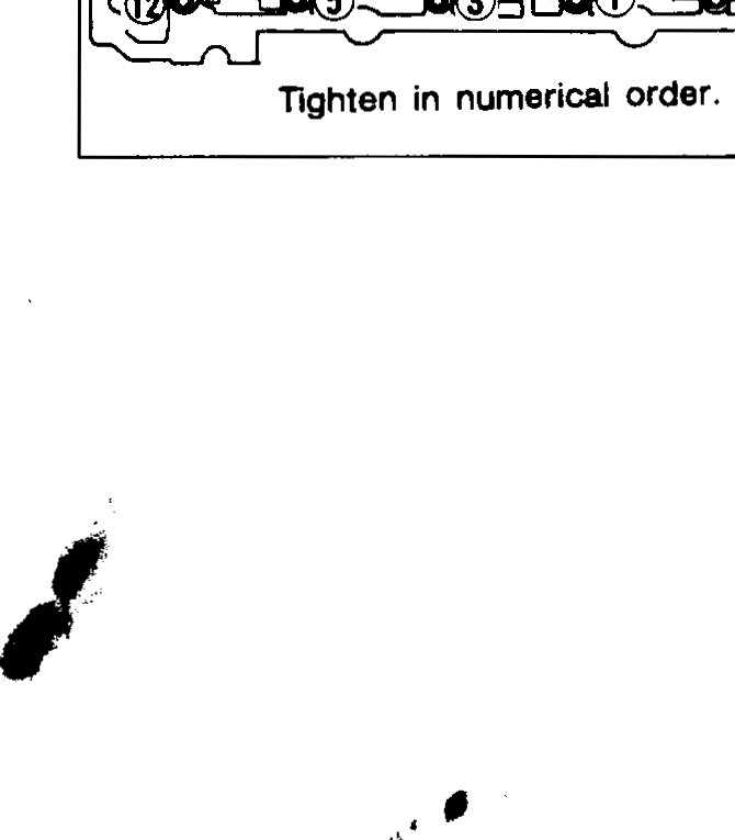 Cylinder-head top view: camshaft brackets in place with bolts numbered ①–⑯ (8 intake-side, 8 exhaust-side). 'Distributor bracket' callout at right-hand end with 'Apply liquid gasket.' note. Caption: 'Tighten in numerical order.'