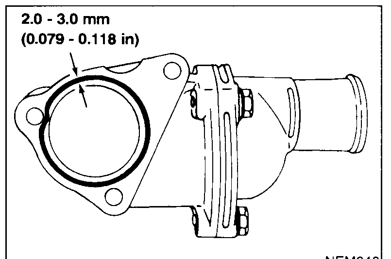 Thermostat housing mating face showing a continuous bead of liquid gasket around the bore. Bead width callout '2.0 - 3.0 mm (0.079 - 0.118 in)'.