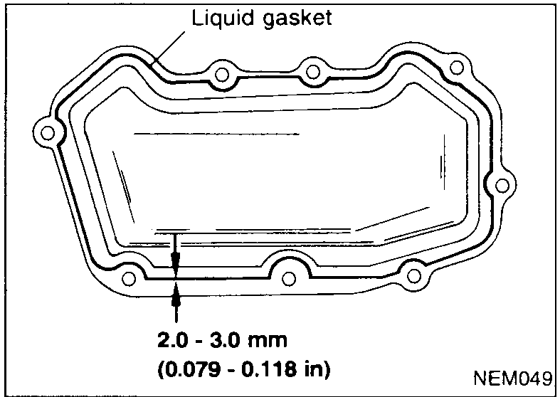 Cam-sprocket cover mating face: liquid-gasket bead path running just inside the bolt circle. 'Liquid gasket' label at top, bead width callout '2.0 - 3.0 mm (0.079 - 0.118 in)' below.