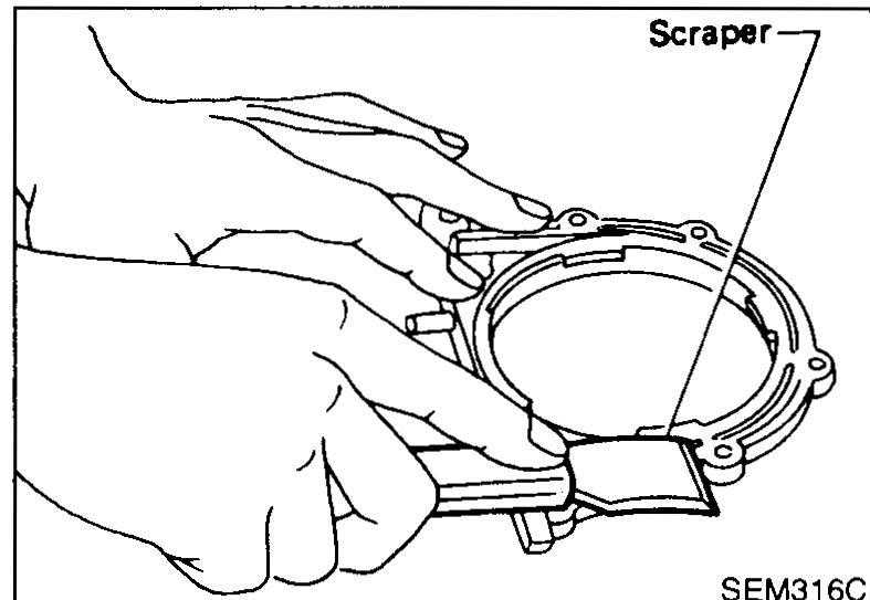 Hand using a scraper to remove old liquid gasket from the rear oil seal retainer mating face on the rear of the cylinder block. Label: Scraper.
