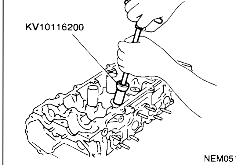 Tool KV10116200 (Valve spring compressor) mounted on cylinder head compressing a valve spring during disassembly.