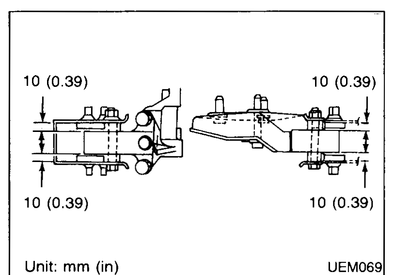 Two-bracket side-by-side view of the top engine mounting brackets with overall dimensions called out as 10 (0.39) mm (in) in four positions; "Unit: mm (in)" legend.