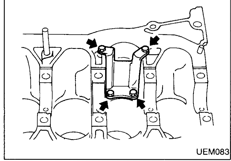 Cylinder block lower view with crankcase breather bracket on the main bearing beam being unbolted; arrows mark bolt positions to remove.