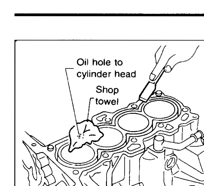 Top of cylinder block being cleaned with a shop towel before head gasket removal; oil hole to cylinder head called out as covered by the towel to prevent debris ingress.