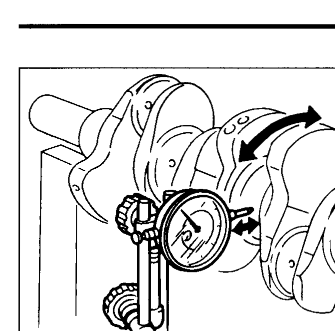 Crankshaft mounted between V-blocks with dial indicator on a center main journal measuring runout while crankshaft is rotated.