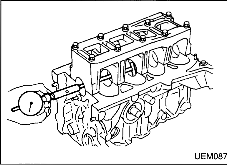 Cylinder block with main bearing cap (beam) installed; a bore gauge measuring the inner diameter of a main bearing in situ.