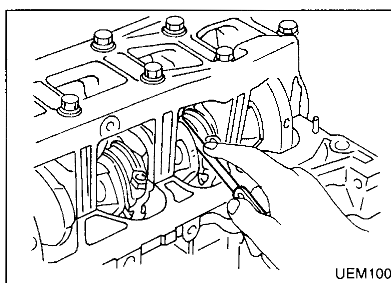 Torque wrench applied to a connecting rod bearing cap nut from below the block; arrow indicates rotation. Used for both initial torque and angle-torque steps (1)(2).