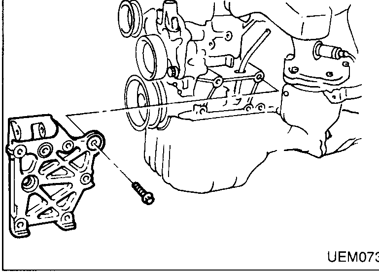 Flywheel/drive plate locked in place at the rear of the engine while a hand uses a flywheel holder tool (KV10105610) seated on the ring gear teeth. Tool label: KV10105610.