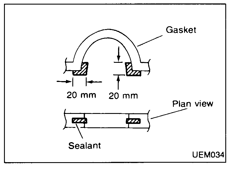 Top plan view of cylinder head showing semicircular sealant application areas. Two arcs each labelled "dia. 3.0 mm" bead, labelled "Sealant" with arrow to the cylinder head surface where camshaft journal saddle meets the rocker-cover sealing plane.