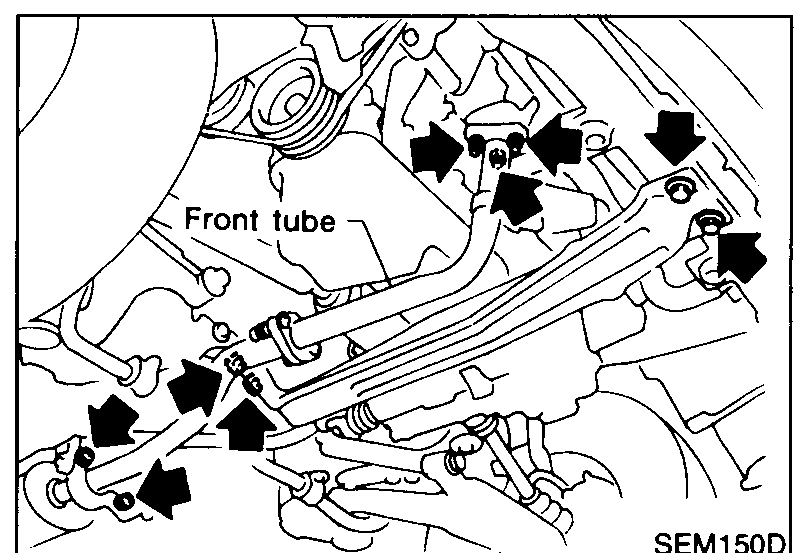 Underside view of engine showing front exhaust tube with arrows pointing to fixing/mounting points to be removed for access to the oil pan area. Labelled "Front tube".