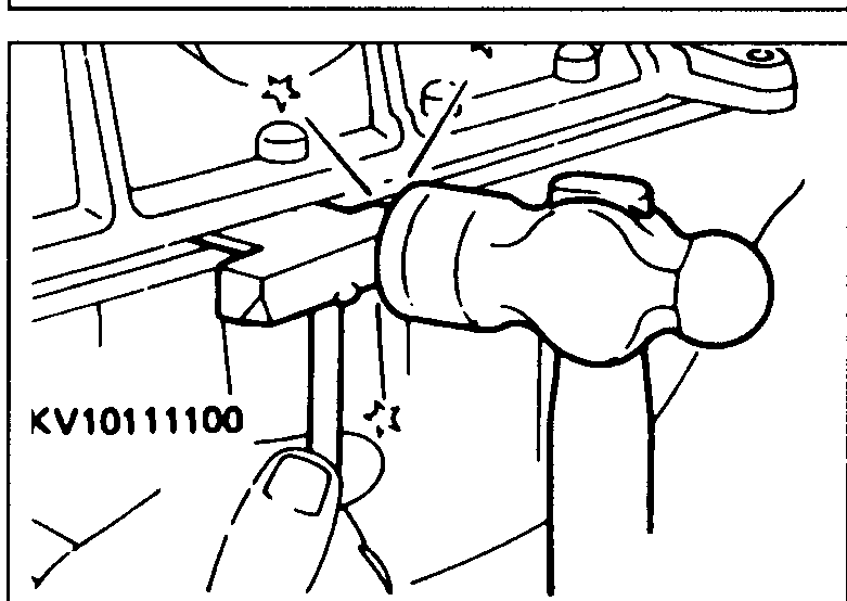Special tool KV10111100 (seal cutter) being inserted between cylinder block and oil pan flange to break the liquid-gasket bond. Hand holds the tool while a hammer is poised to tap it.
