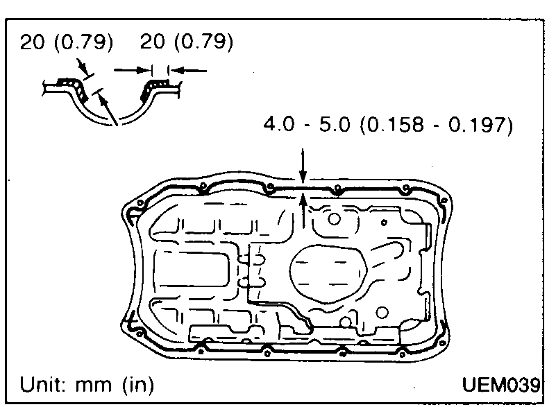Oil pan front and rear views showing front and rear rubber/oil seals with their length "ℓ" dimensioned. Labelled FRONT and REAR.