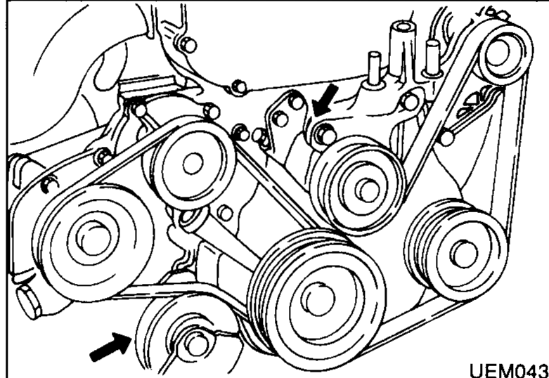Front of engine showing accessory drive belts (alternator and power steering) around the crankshaft pulley with an arrow indicating which belt(s) to remove.