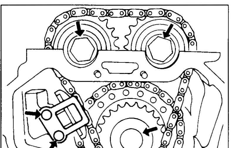 Top of cylinder head showing camshaft sprockets and timing chain with arrows pointing at the chain tensioner, idler sprocket bolt and camshaft sprocket bolts to be removed.