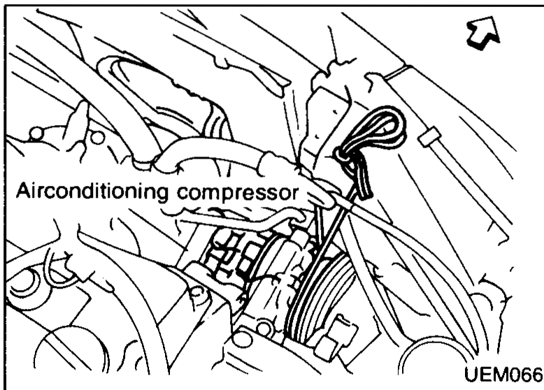 Air-conditioning compressor mounted on engine with arrow indicating slackening of drive belt and removal of compressor for relocation. Callout: "Air conditioning compressor".